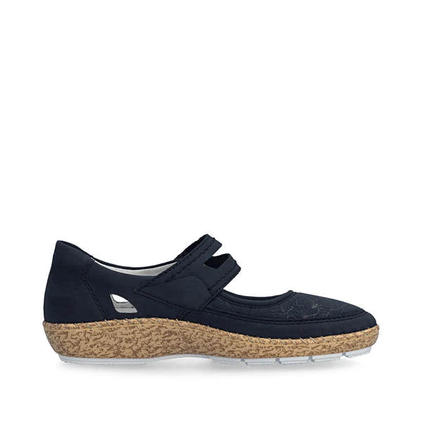 Rieker 44859-14 navy blue ladies touch fastening casual shoes with cushioned sole and floral details.