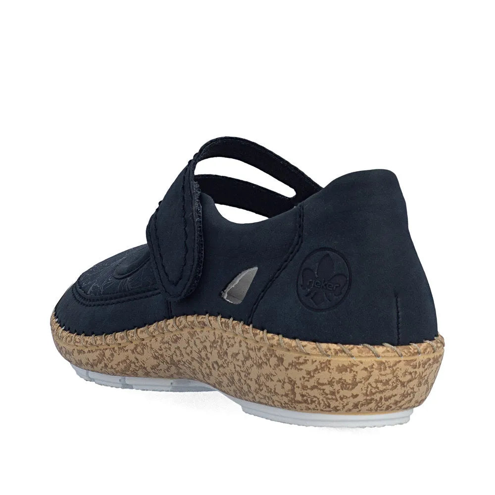 Rieker 44859-14 women's navy blue touch fastening shoes with casual design and textured sole.