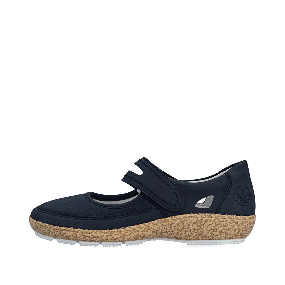 Rieker 44859-14 navy blue ladies touch fastening shoes with cushioned sole and cork-like wedge heel.