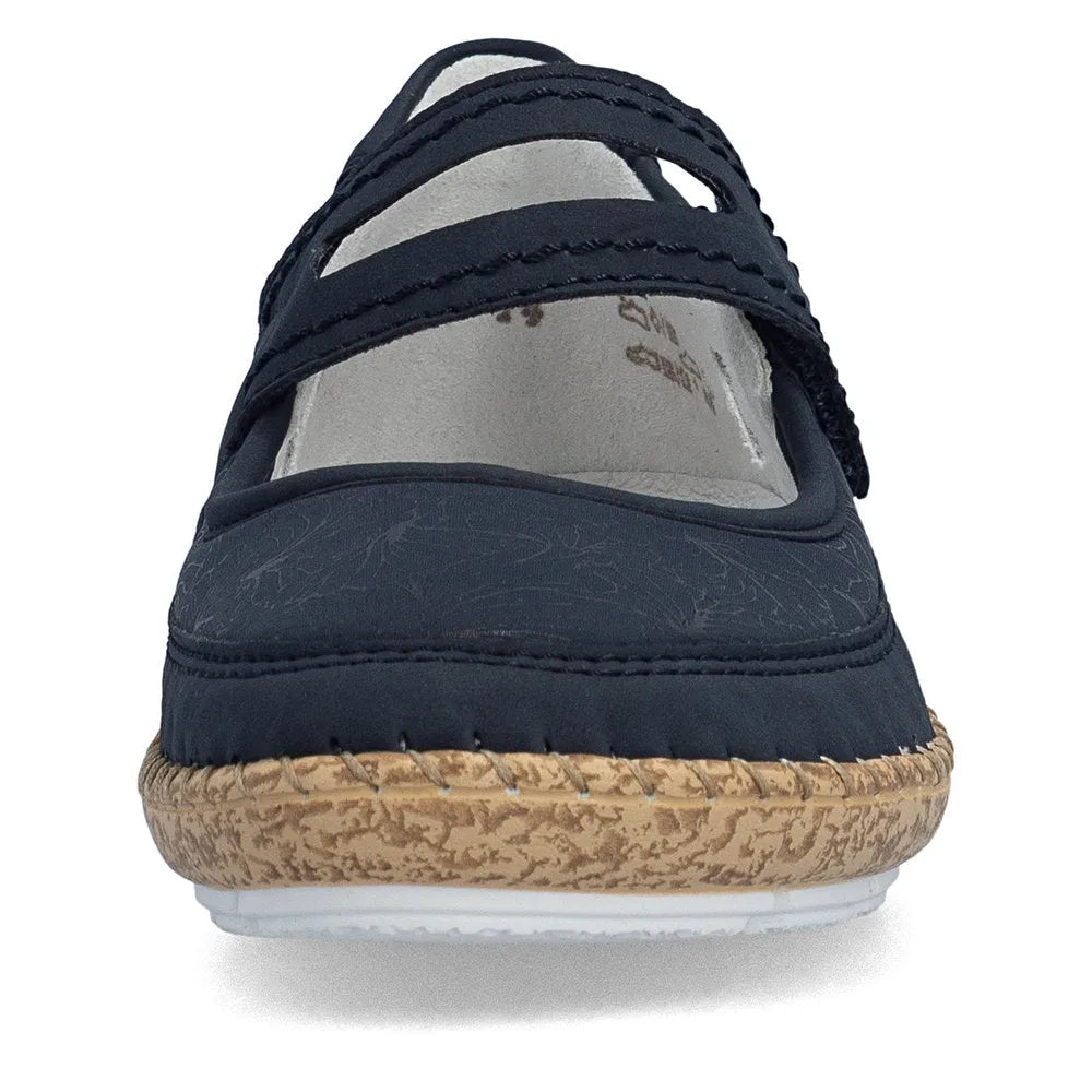 Rieker 44859-14 Ladies Navy Blue Touch Fastening Shoes with cushioned sole and casual slip-on design.