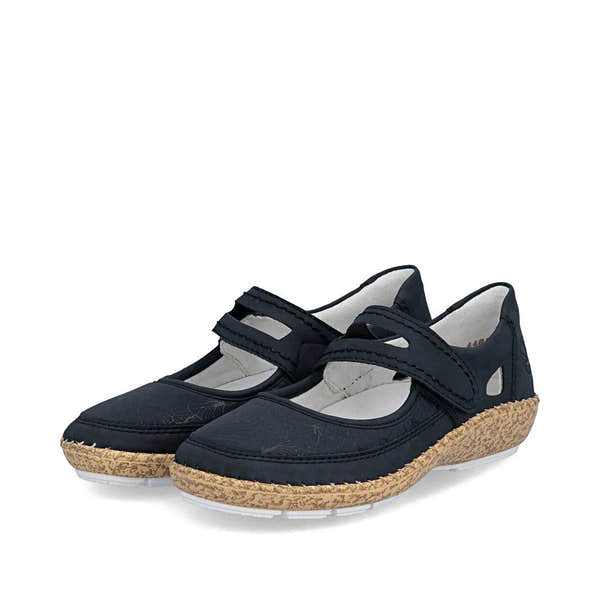 Rieker 44859-14 navy blue touch fastening women's shoes with cork sole and breathable design.