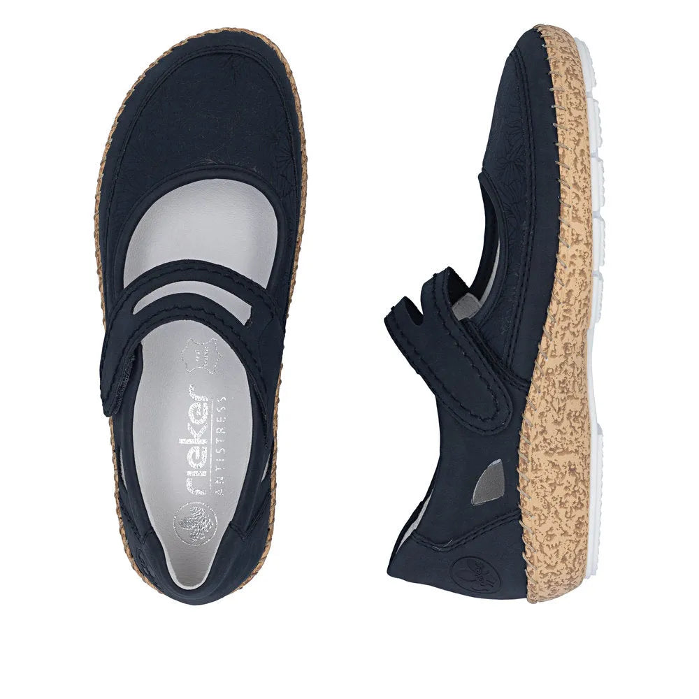 Rieker 44859-14 women's navy blue touch-fastening shoes with cushioned insoles and beige textured outsole.