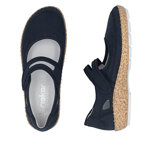 Rieker 44859-14 women's navy blue touch-fastening shoes with cushioned insoles and beige textured outsole.
