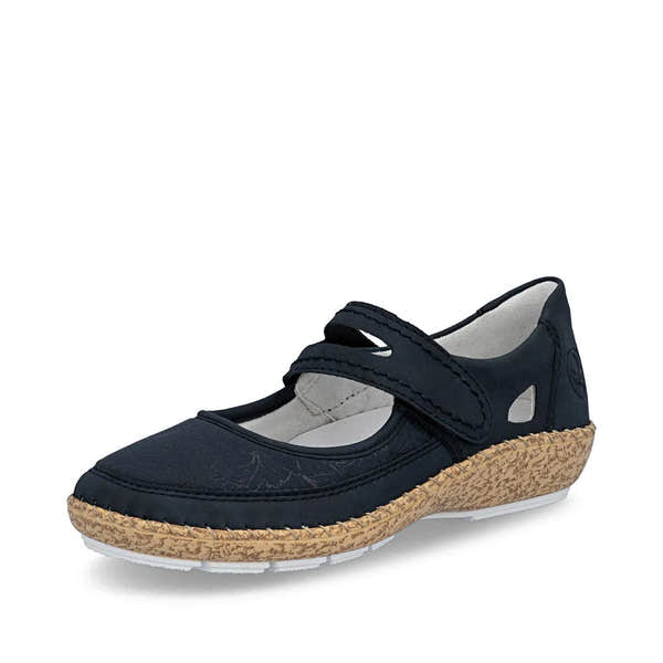 Rieker 44859-14 women's navy blue touch fastening shoes with a cushioned sole and textured beige rubber outsole.