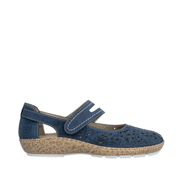 Navy blue leather ladies’ Shoes with laser-cut design, touch fastening strap, cushioned sole, beige textured midsole, and white rubber outsole.