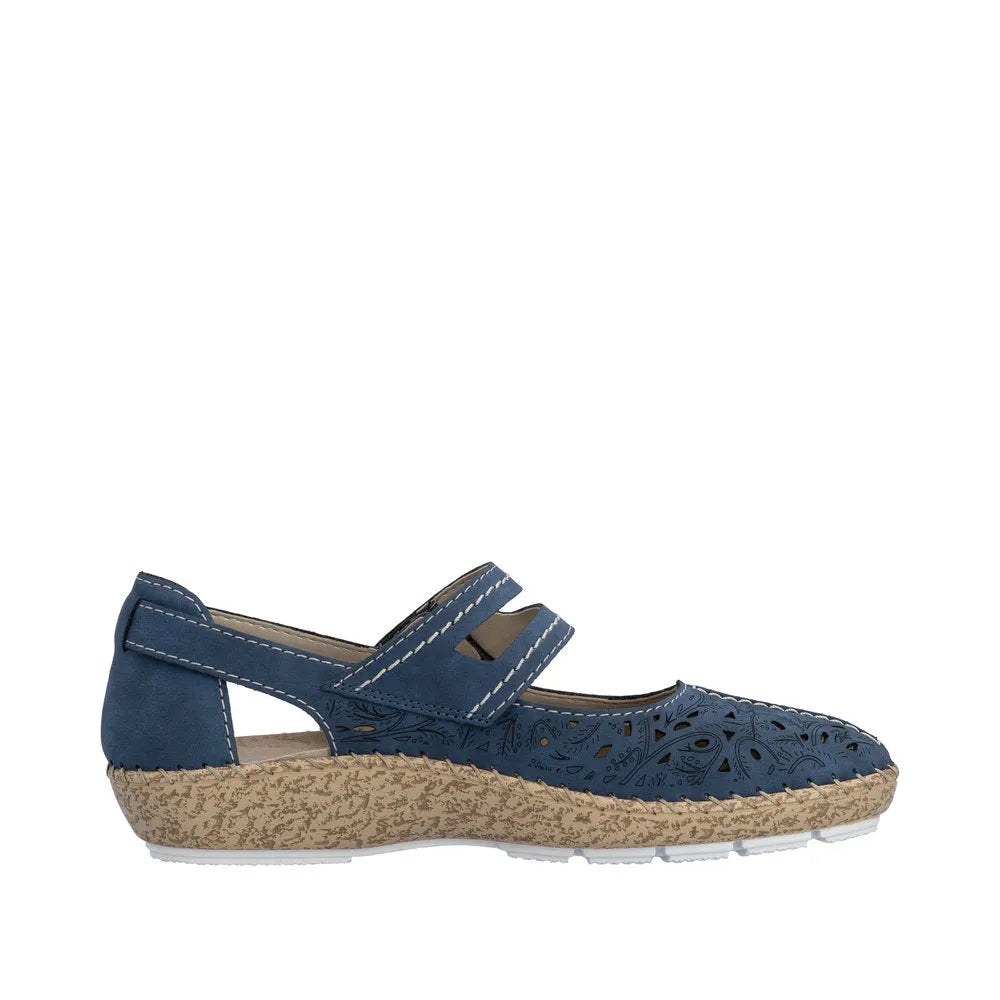 Rieker 44872-14 navy ladies' shoes with touch-fastening straps, cut-out design, and textured beige sole.