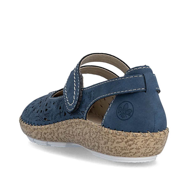 Navy blue leather ladies' shoes with touch fastenings, cut-out design, white stitching, and beige textured sole.