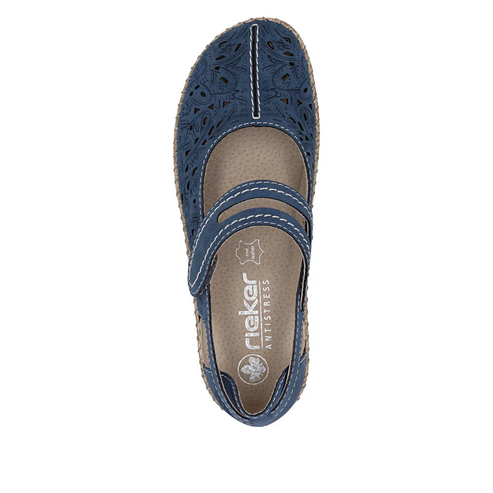 Navy blue leather touch-fastening women's shoes with cut-out floral pattern and beige cushioned insole.
