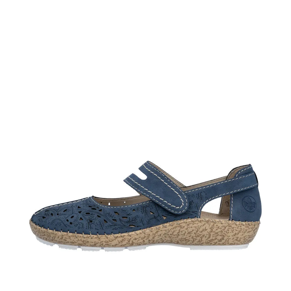 Navy blue leather women's shoe with perforated design, touch-fastening strap, beige textured sole, and stitched detailing.