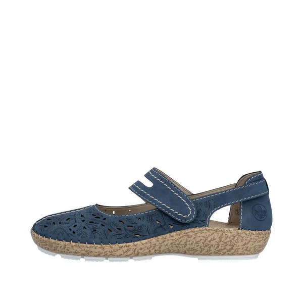 Navy blue leather women's shoe with perforated design, touch-fastening strap, beige textured sole, and stitched detailing.