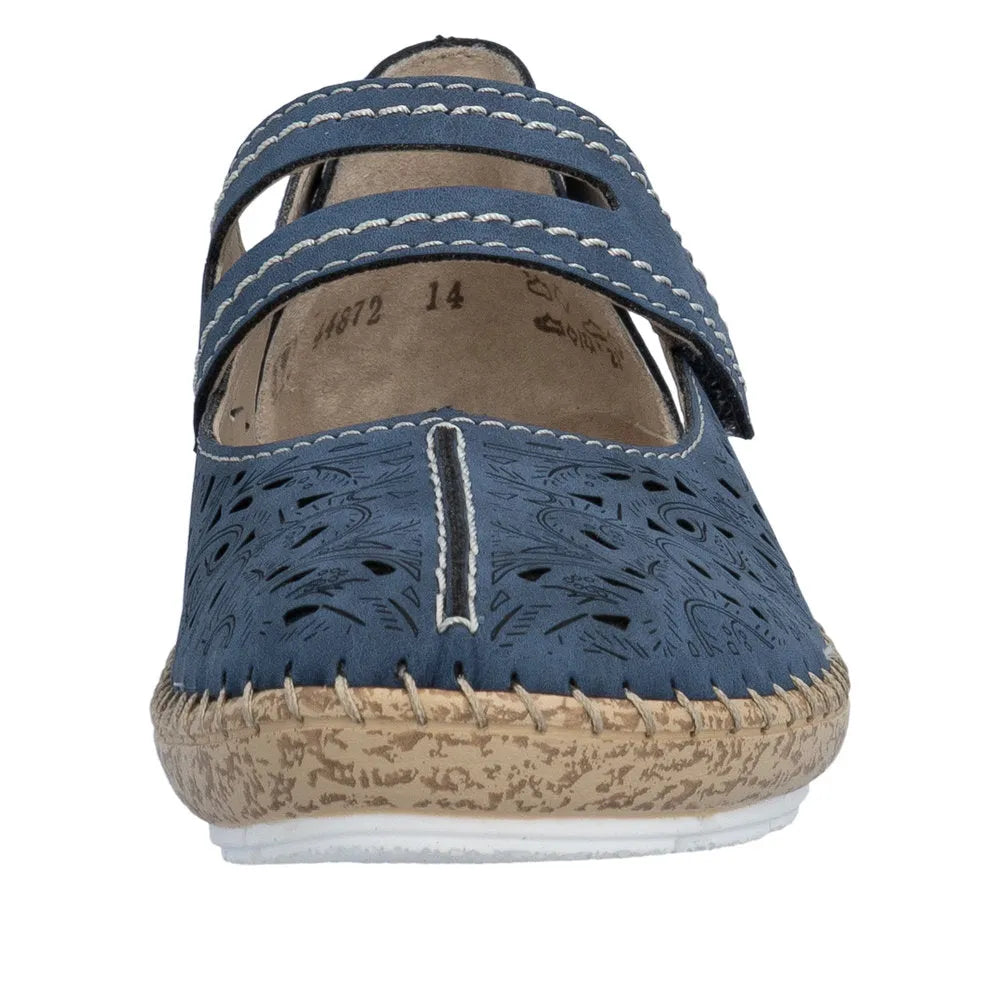 Navy blue leather women's shoes with touch fastening straps, patterned upper, beige sole, and contrasted stitching.