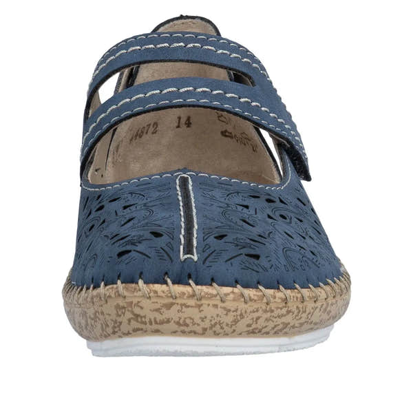 Navy blue leather women's shoes with touch fastening straps, patterned upper, beige sole, and contrasted stitching.