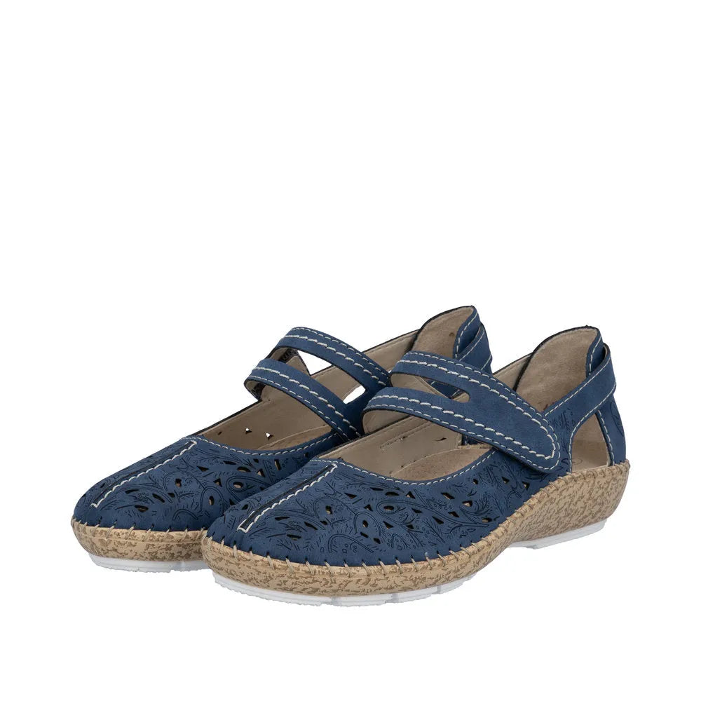 Navy touch fastening ladies shoes with perforated upper, stitched detailing, and woven espadrille-style sole.