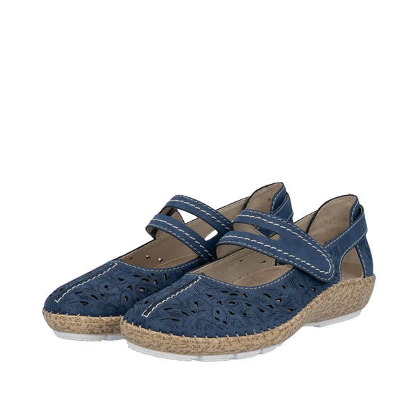 Navy touch fastening ladies shoes with perforated upper, stitched detailing, and woven espadrille-style sole.