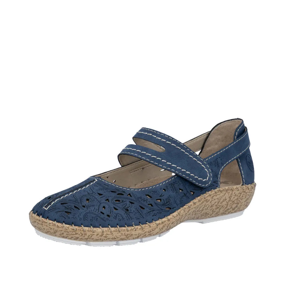 Blue leather women's shoe with perforated design, touch fastenings, and cork-effect sole.