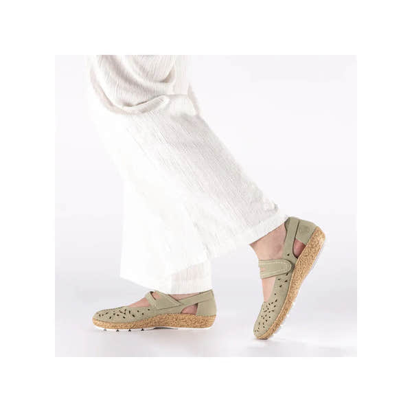 Rieker 44872-52 ladies green touch fastening shoes with perforated upper, cushioned wedge sole, and adjustable straps.