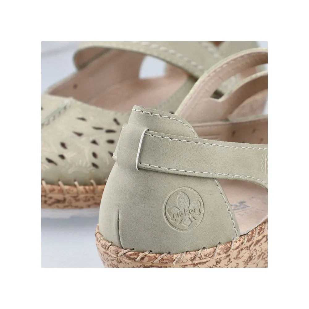 Green leather touch-fastening wedge shoes with perforated design and woven platform sole.