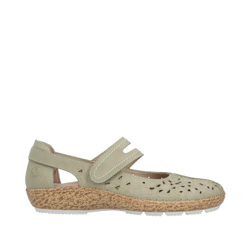 Green leather touch fastening shoes with perforated design, cushioned sole, and textured beige wedge.
