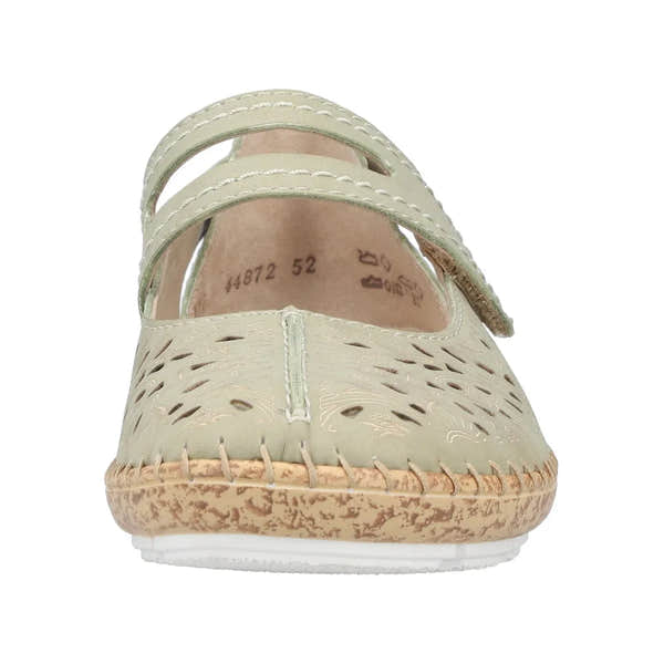 Green leather touch fastening women's shoes with cut-out design, stitched accents, and a textured beige sole.
