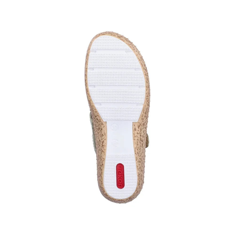 Green touch fastening shoes with textured material, beige accents, and white sole featuring red Rieker logo.