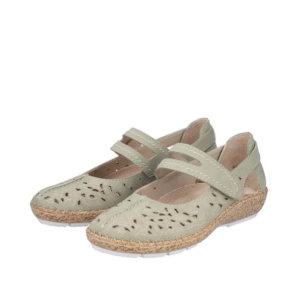 Green leather touch-fastening shoes with cut-out design, cushioned insole, and cork-effect textured sole for ladies.