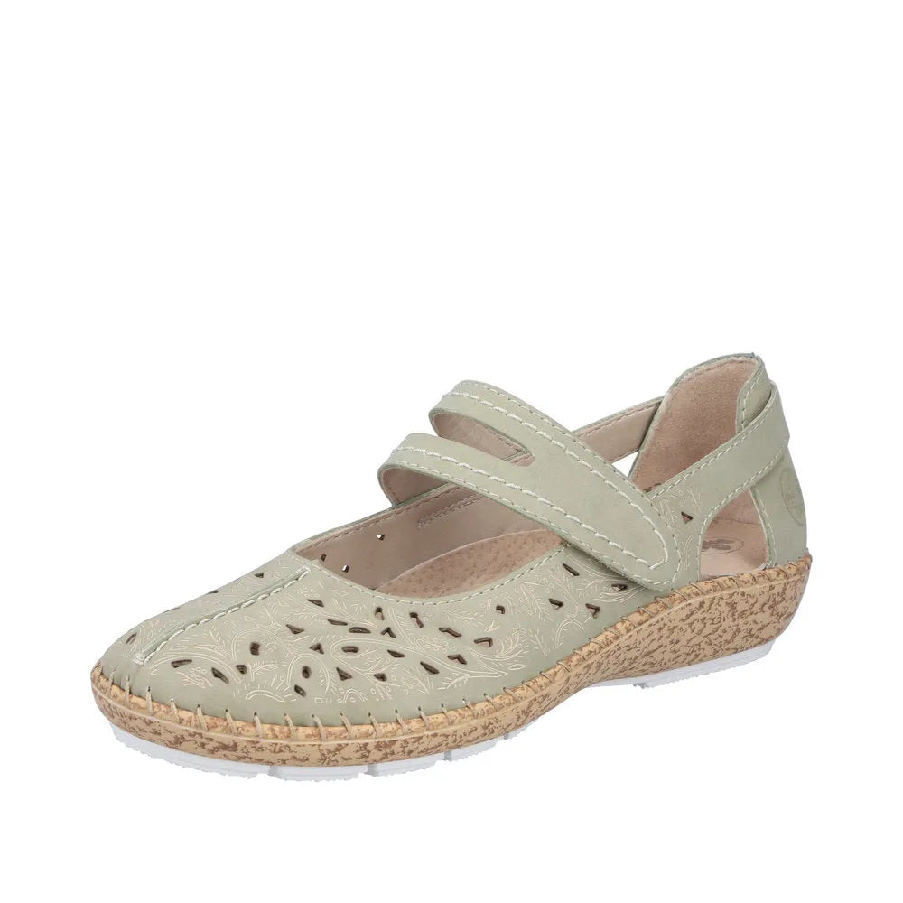 Ladies green sandals with perforated leather, touch fastening straps, and a cork-style wedge sole.