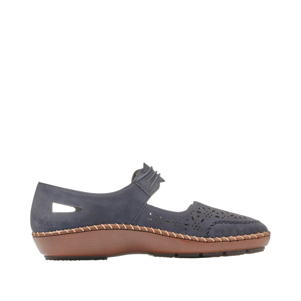 Rieker 44896-14 Ladies Pacific Suede Touch Fastening Shoes, navy, with perforated design and brown sole.