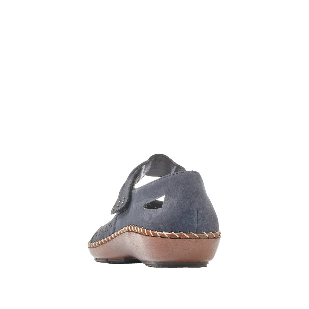 Rieker 44896-14 ladies Pacific suede touch fastening casual shoes with brown sole and stylish cutout details.