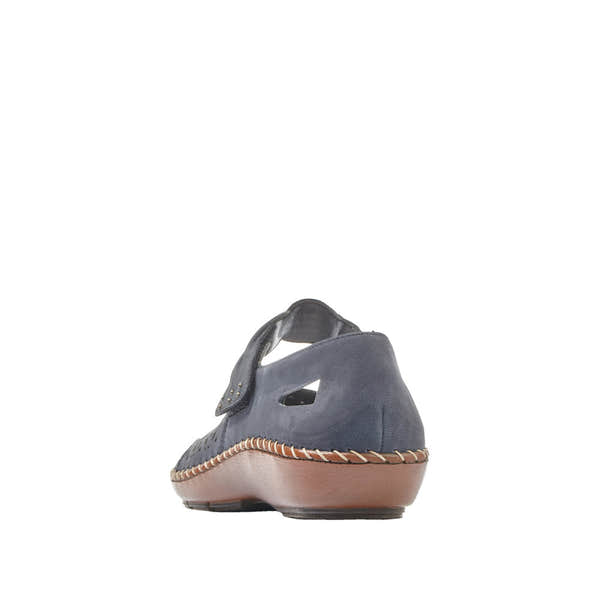 Rieker 44896-14 ladies Pacific suede touch fastening casual shoes with brown sole and stylish cutout details.