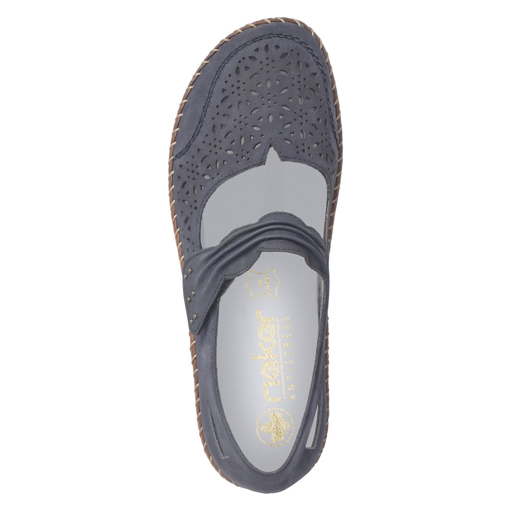 Rieker 44896-14 ladies Pacific suede touch fastening shoes with cut-out design and comfortable slip-on style.