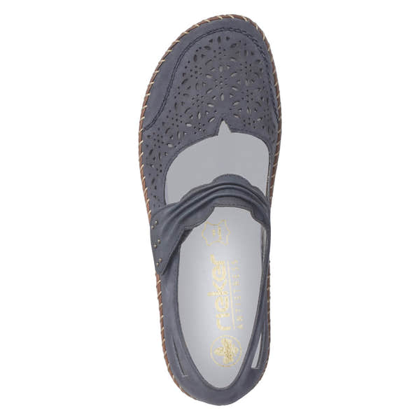 Rieker 44896-14 ladies Pacific suede touch fastening shoes with cut-out design and comfortable slip-on style.