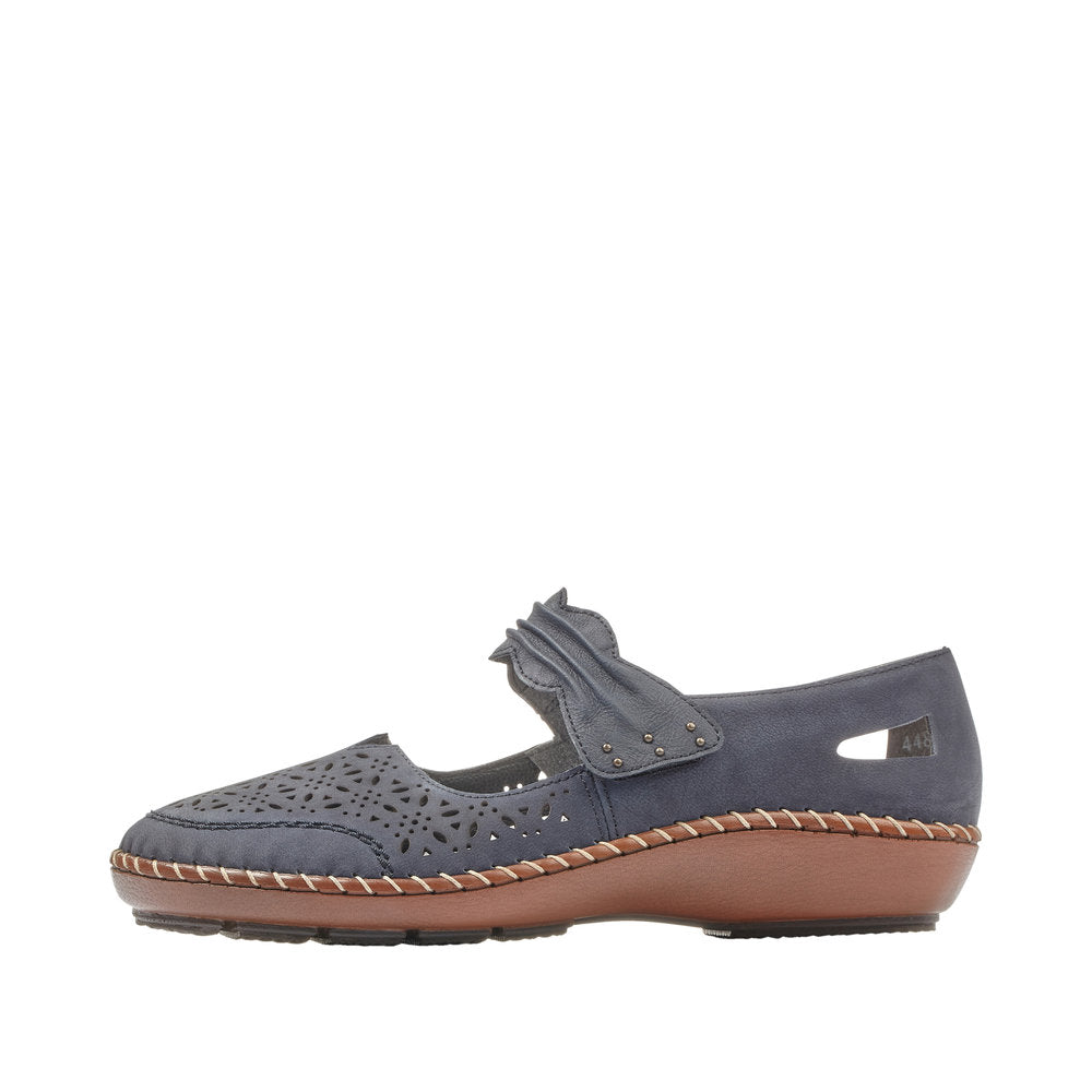 Rieker 44896-14 women's navy touch fastening suede shoes with perforated design and low wedge heel.