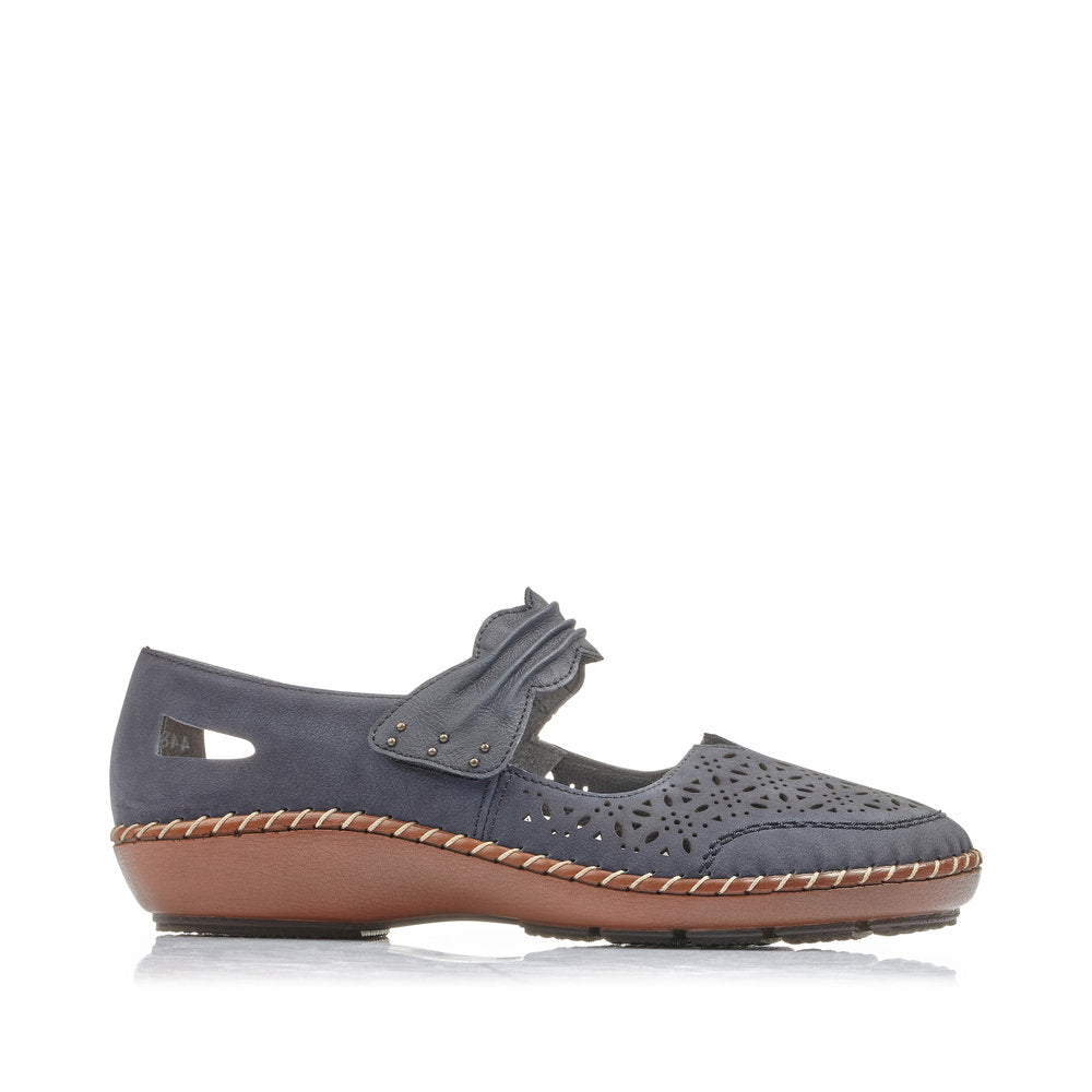 Rieker Ladies Pacific Suede Shoes with fast fastening, perforated upper, navy color, and brown sole, casual comfortable footwear.