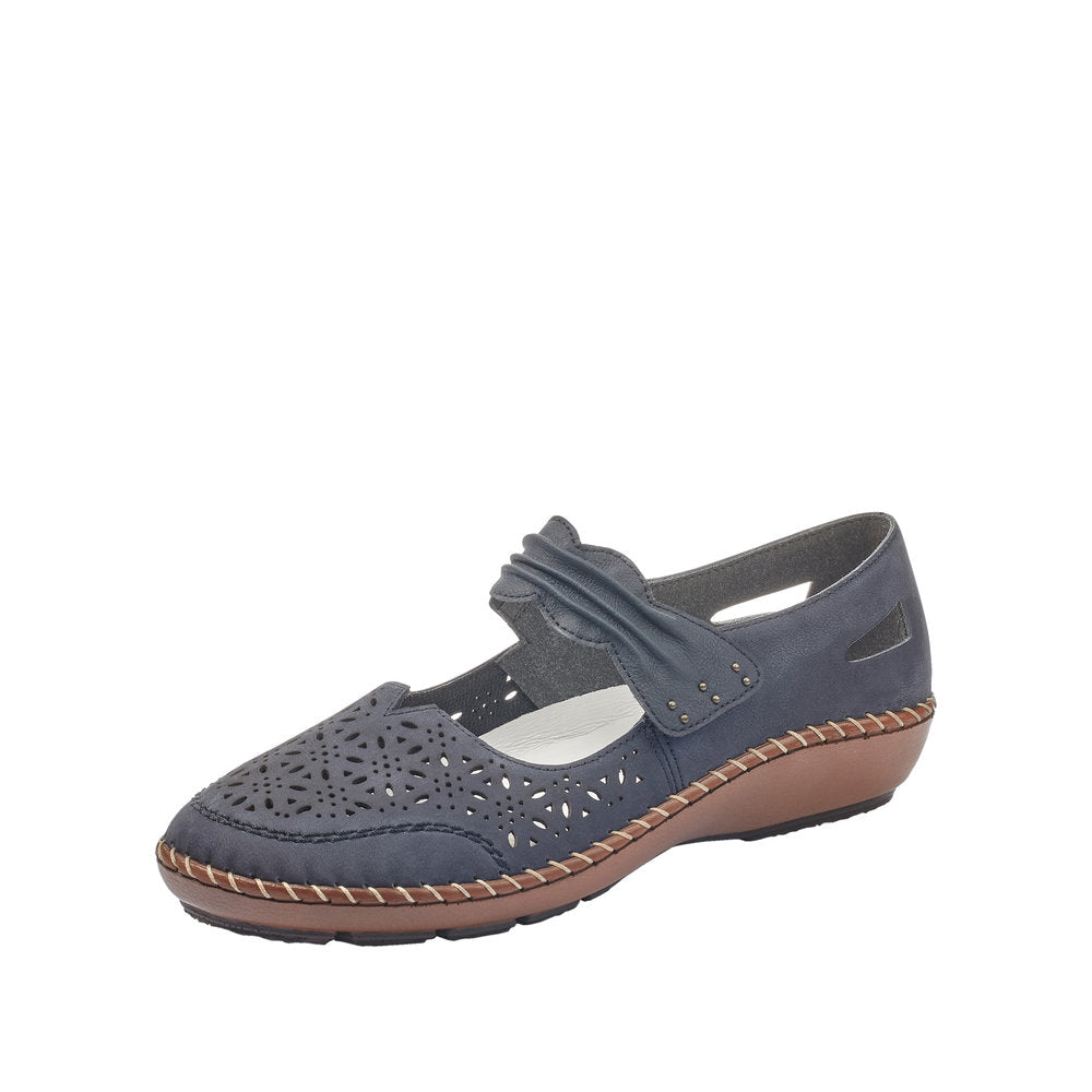 Rieker 44896-14 Ladies Pacific Suede Touch Fastening Shoes with perforated upper, navy color, and comfortable wedge heel.