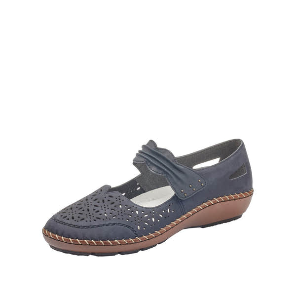 Rieker 44896-14 Ladies Pacific Suede Touch Fastening Shoes with perforated upper, navy color, and comfortable wedge heel.