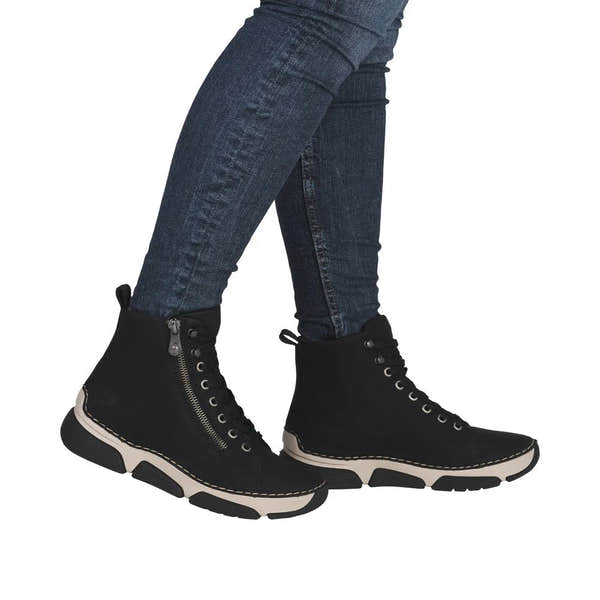 Rieker 45920-01 women's black ankle boots with zip and lace-up design, rugged sole, stylish and durable footwear.