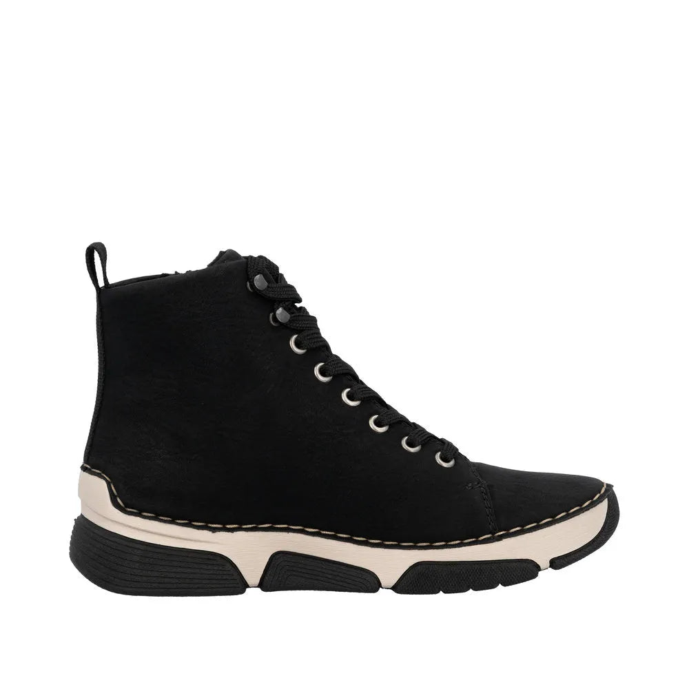 Rieker 45920-01 women's black ankle boots with lace-up front, zip closure, chunky sole, and casual sporty design.