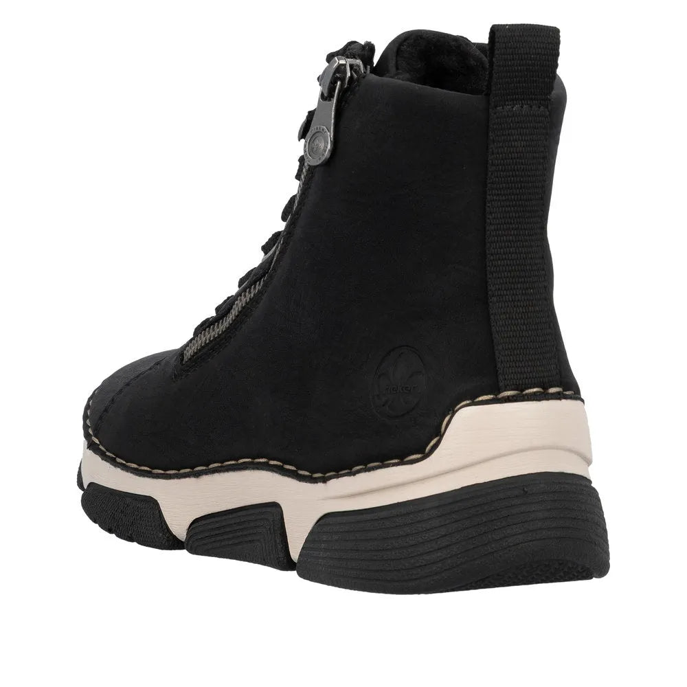 Rieker 45920-01 women's black ankle boots with zip and lace-up detail, chunky sole, and pull tab for easy wear.