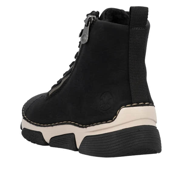 Rieker 45920-01 women's black ankle boots with zip and lace-up detail, chunky sole, and pull tab for easy wear.