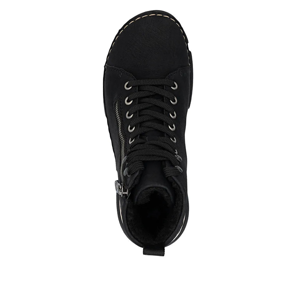 Black Rieker ladies' ankle boots with zip and lace-up design, featuring a comfortable sole and stylish look.