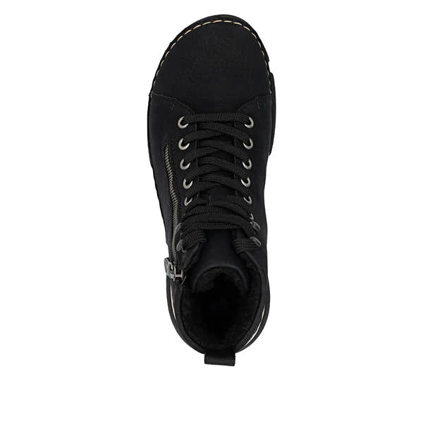Black Rieker ladies' ankle boots with zip and lace-up design, featuring a comfortable sole and stylish look.