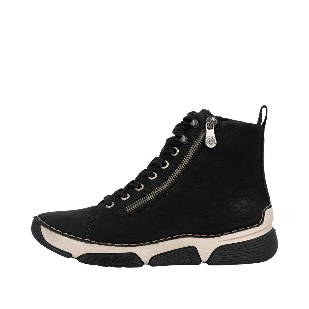 Rieker 45920-01 women's black ankle boots with lace-up front, side zipper, thick sole, and pull tab for easy wear.