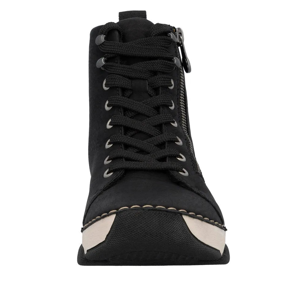 Rieker 45920-01 Ladies black ankle boots with lace-up front and side zipper, stylish and comfortable footwear.