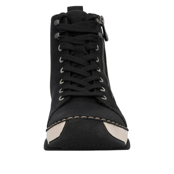 Rieker 45920-01 Ladies black ankle boots with lace-up front and side zipper, stylish and comfortable footwear.