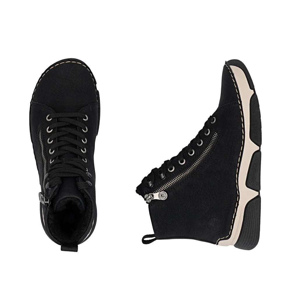 Rieker 45920-01 women's black ankle boots with zip and lace-up design, chunky sole, and stylish stitching details.