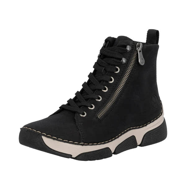 Rieker 45920-01 women's black ankle boots with lace-up front and side zipper, chunky sole, stylish and comfortable footwear.