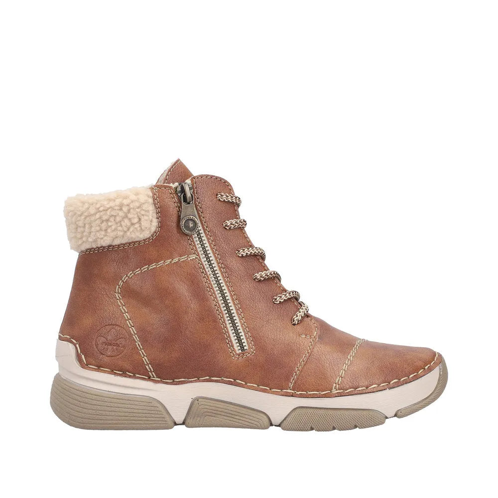 Rieker 45931-24 Ladies Brown Ankle Boots with zip, lace-up front, and faux shearling collar, lightweight rubber sole.