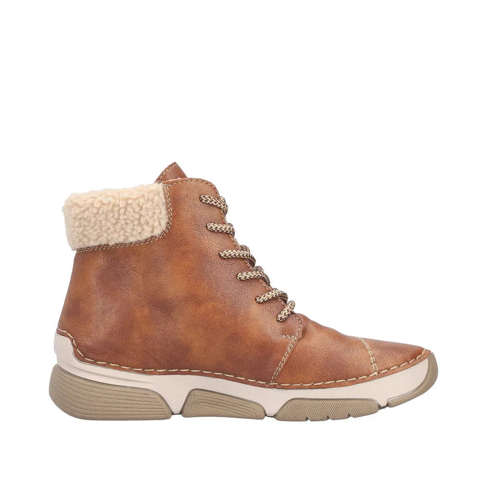 Rieker 45931-24 women's brown ankle boots with lace-up and zip closure, faux shearling cuff, cushioned sole, casual outdoor footwear.