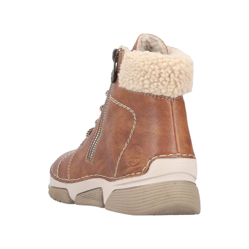 Rieker 45931-24 women's brown ankle boots with lace-up and side zipper, shearling lining, and chunky sole.