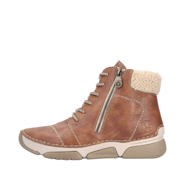 Rieker 45931-24 women's brown ankle boots with zip, lace-up design, cozy shearling lining, and durable rubber sole.